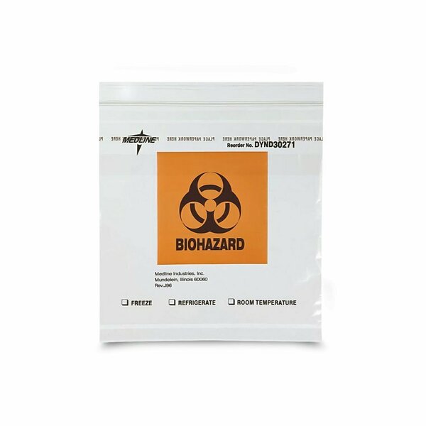 Medline Biohazard Speciment Bags, Zip Style with Pocket, 8x8in., 100PK DYND30271ZH